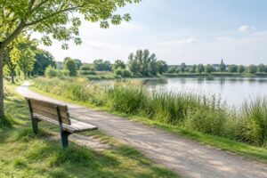 Rustig wandelpad met bankje in een groen park voor een ademhalingsoefening.