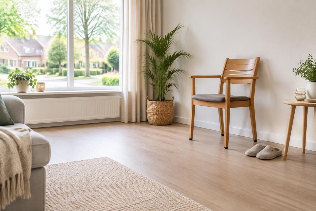 Rustige woonkamer met vrije vloer en een stevige stoel tegen de muur om veilig te oefenen.