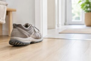 Stevige wandelschoen met antislipzool bij een lichte hal