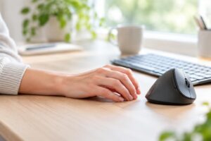 Ergonomische muis met ontspannen hand op een bureau