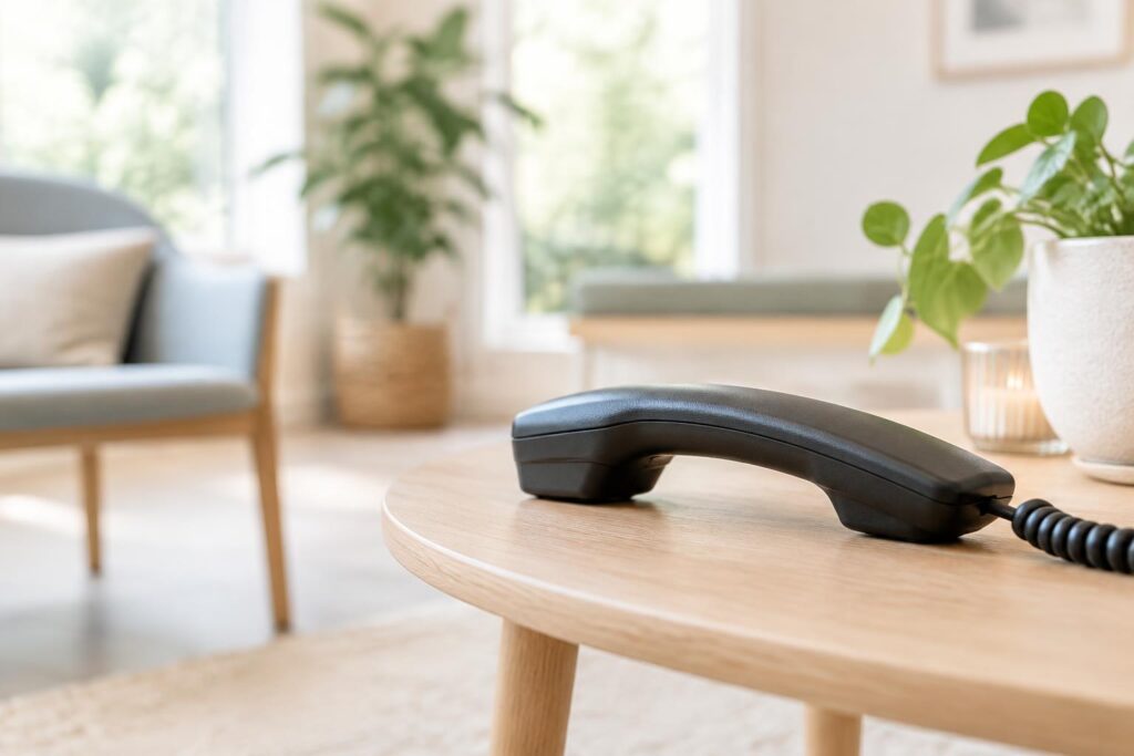 Telefoon op een houten tafel in een rustige praktijkruimte