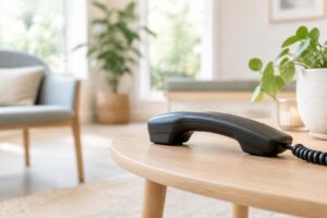 Telefoon op een houten tafel in een rustige praktijkruimte
