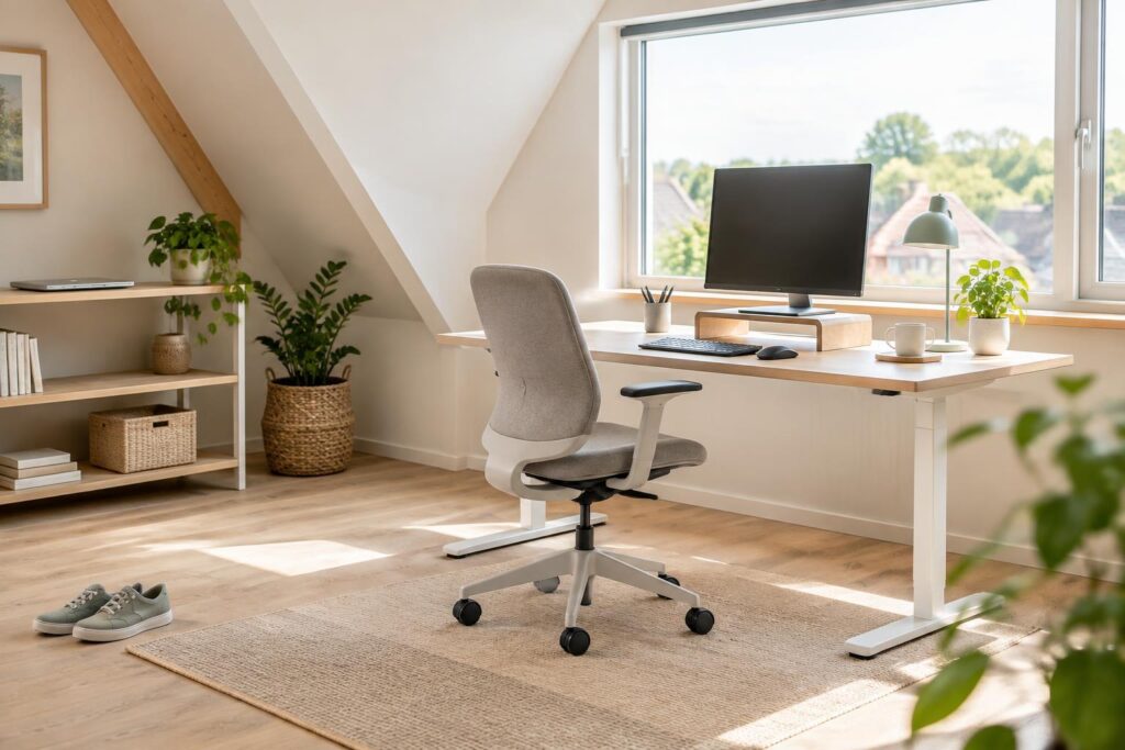 Rustige thuiswerkplek met verstelbare stoel, scherm en vrije ruimte om te bewegen.