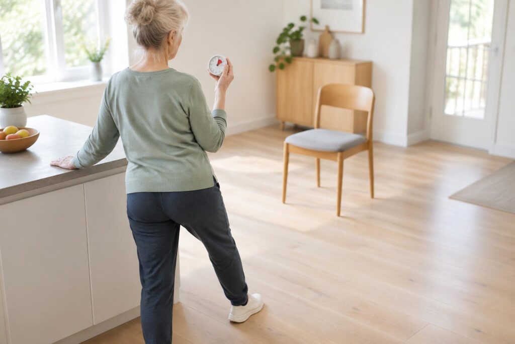 Oudere persoon bekijkt een timer tijdens een balansoefening bij het aanrecht.