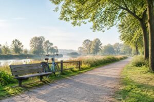 Rustig wandelpad in een groen park met een bankje en fiets.