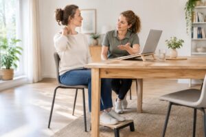 Oefentherapeut bespreekt met een volwassene een ontspannen werkhouding aan de eettafel.