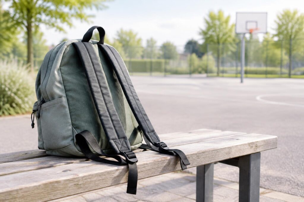 Schoolrugzak met losse schouderbanden op een bankje bij een sportveld