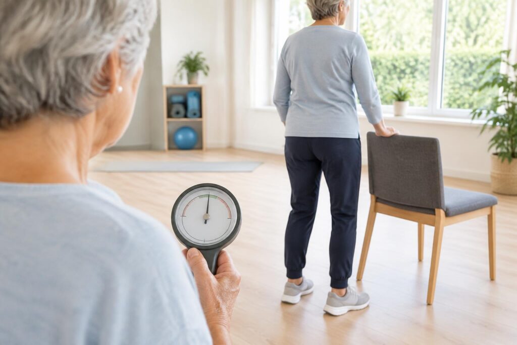 Oudere bekijkt een eenvoudige balansmeter naast een stevige stoel.