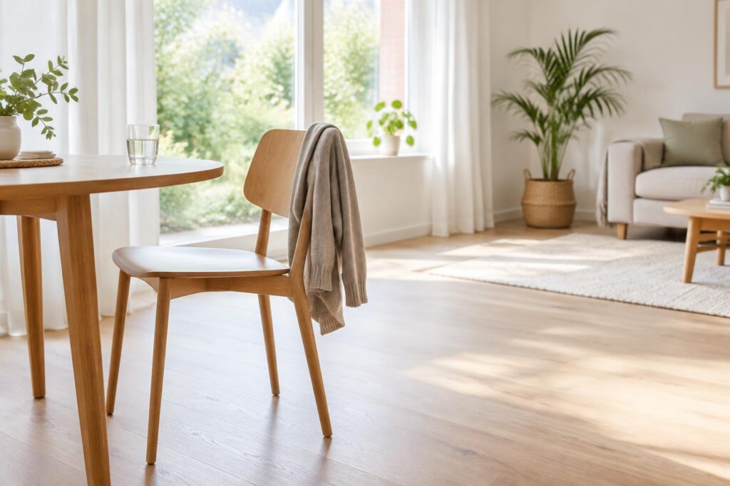 Lichte woonkamer met stoel en vrije ruimte voor een beweegpauze.