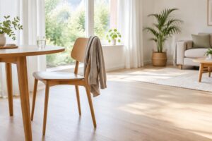 Lichte woonkamer met stoel en vrije ruimte voor een beweegpauze.