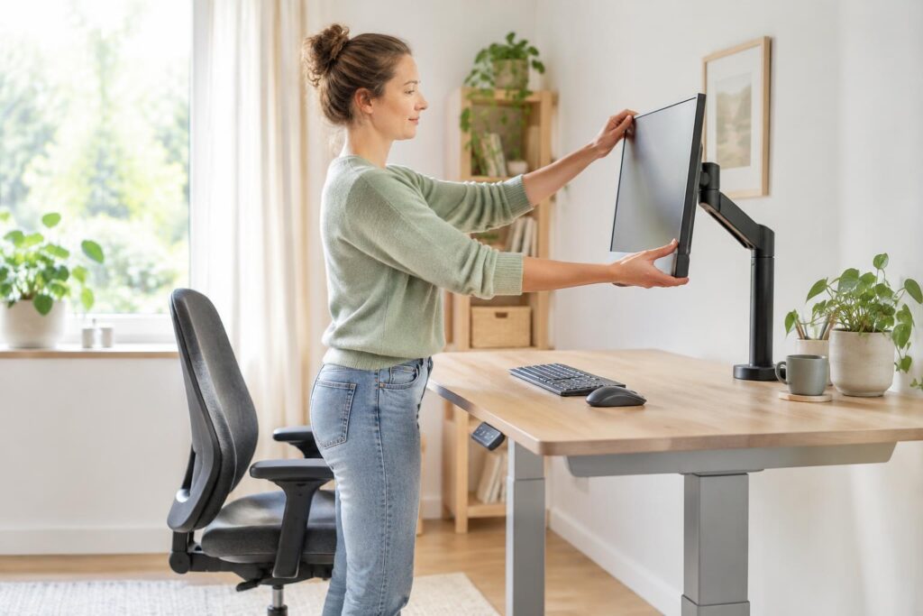 Thuiswerker stelt monitor en bureau ergonomisch in.
