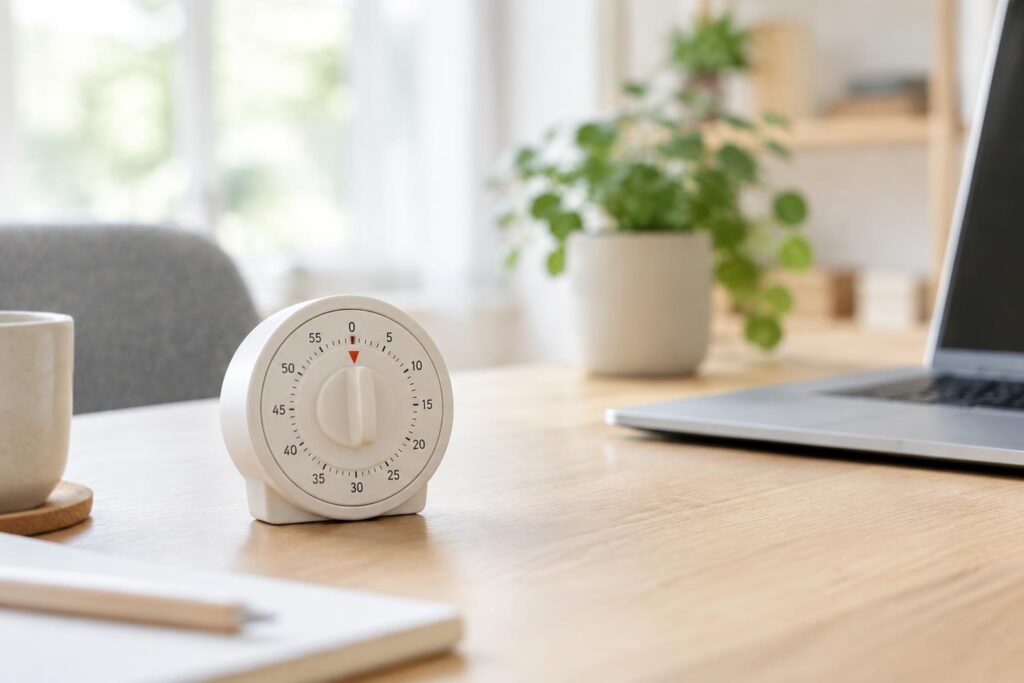 Analoge timer op een bureau voor een beweegpauze tijdens beeldschermwerk