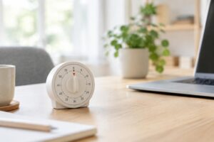 Analoge timer op een bureau voor een beweegpauze tijdens beeldschermwerk