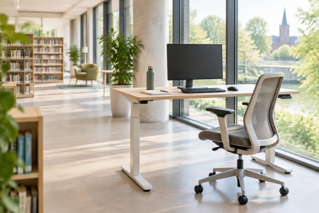 Rustige beeldschermwerkplek met verstelbaar bureau, monitor en stoel