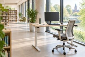 Rustige beeldschermwerkplek met verstelbaar bureau, monitor en stoel