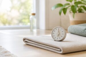 Rustige timer op een oefenmat voor een ademhalingsoefening