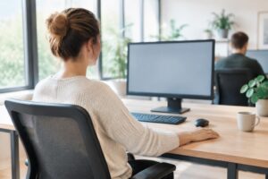 Persoon controleert hand- en armhouding tijdens computerwerk.