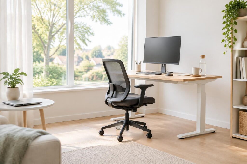 Rustige thuiswerkplek met monitor, stoel en ruimte om te bewegen.