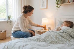 Ouder die een rustige bedtijdroutine voorbereidt in de kinderkamer
