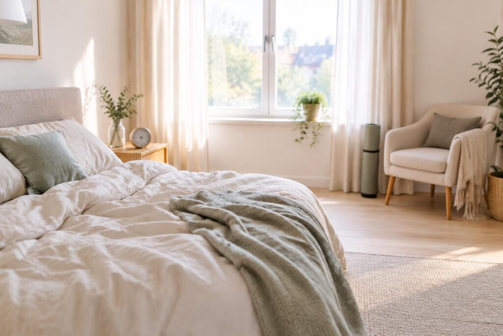 Rustige slaapkamer met ochtendlicht en een opgemaakt slaapritueel
