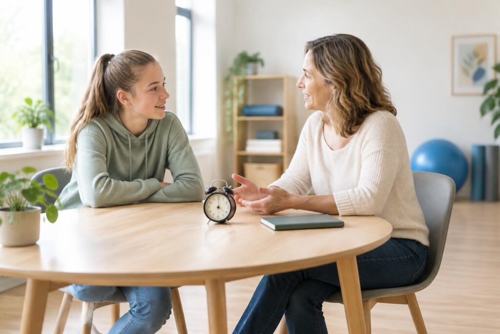 Een puber en ouder bespreken rustig een slaapritme aan tafel.