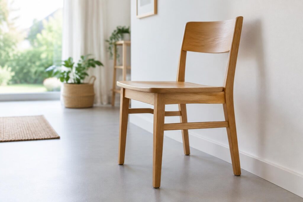 Stevige stoel klaar voor balansoefeningen thuis.