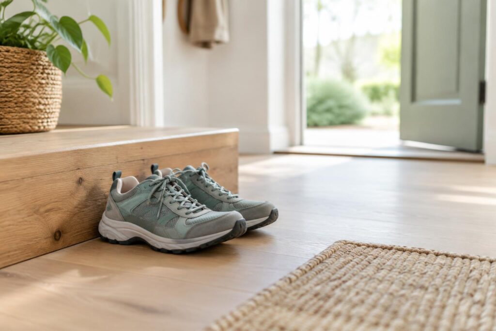 Wandelschoenen naast een lage houten drempel in een lichte hal.