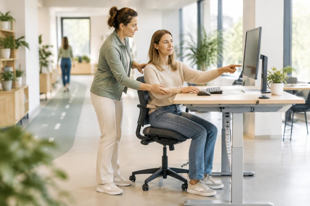 Oefentherapeut Cesar bespreekt een ontspannen computerwerkhouding met een kantoormedewerker.