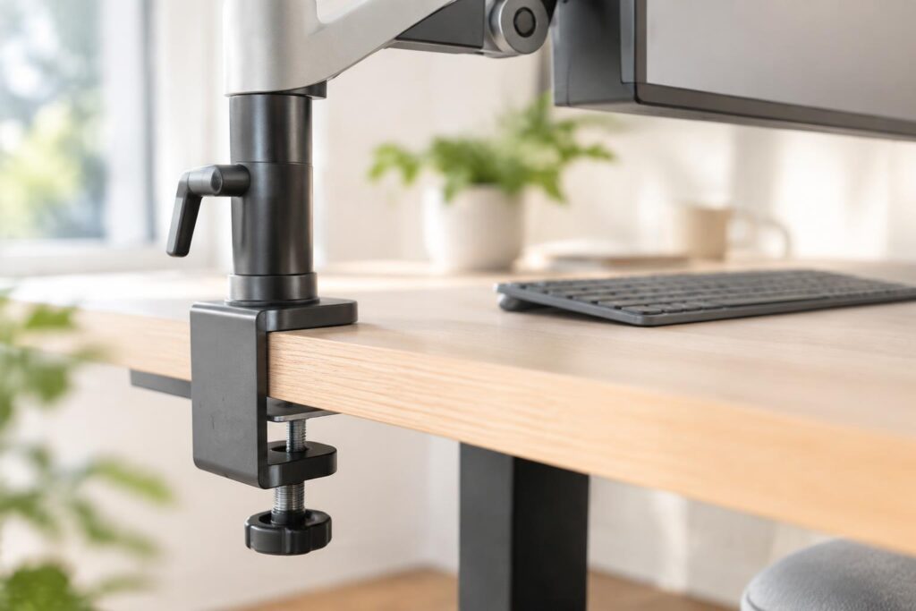 Verstelbare monitorarm op een thuiswerkbureau