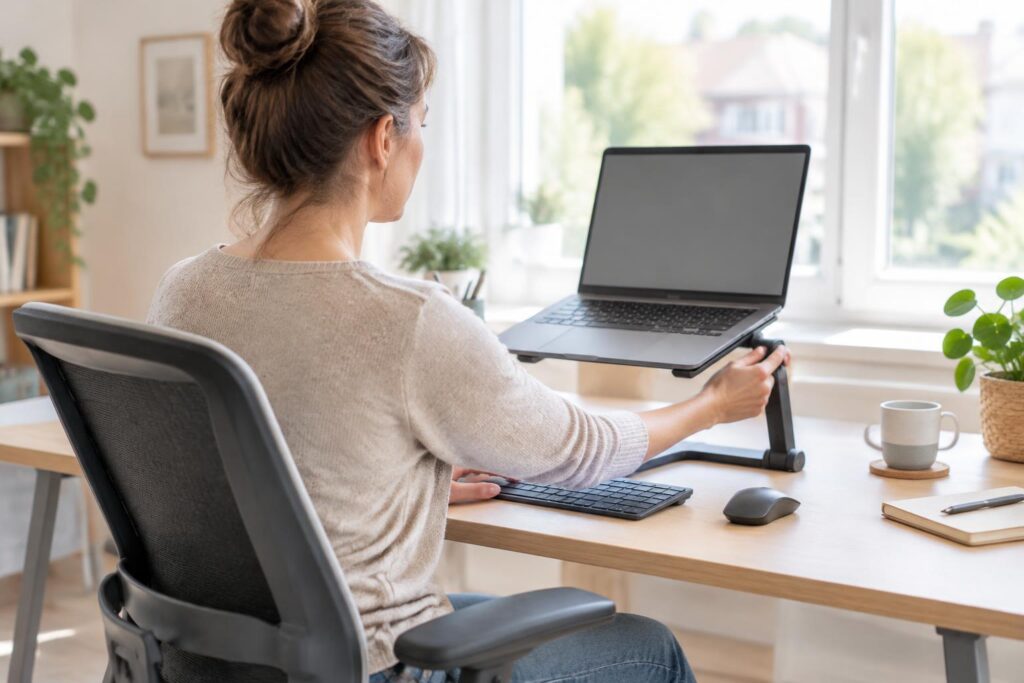Persoon die de hoogte van een laptopscherm op een thuiswerkplek aanpast.