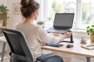 Persoon die de hoogte van een laptopscherm op een thuiswerkplek aanpast.