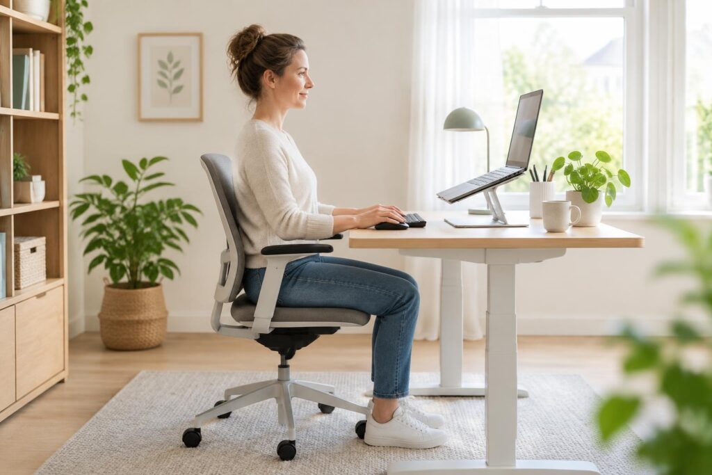 Persoon die laptop, toetsenbord en scherm ergonomisch instelt aan een bureau