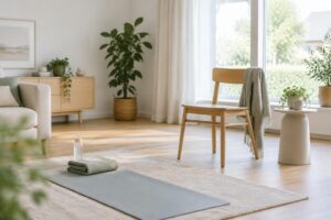 Rustige woonkamer met open ruimte en een stoel voor oefeningen